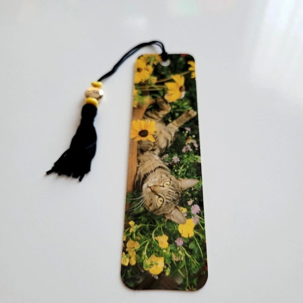 Vintage‎ 90s Tabby Cat Bookmark flower garden beaded Koren Trygg 1996 KB0-13544